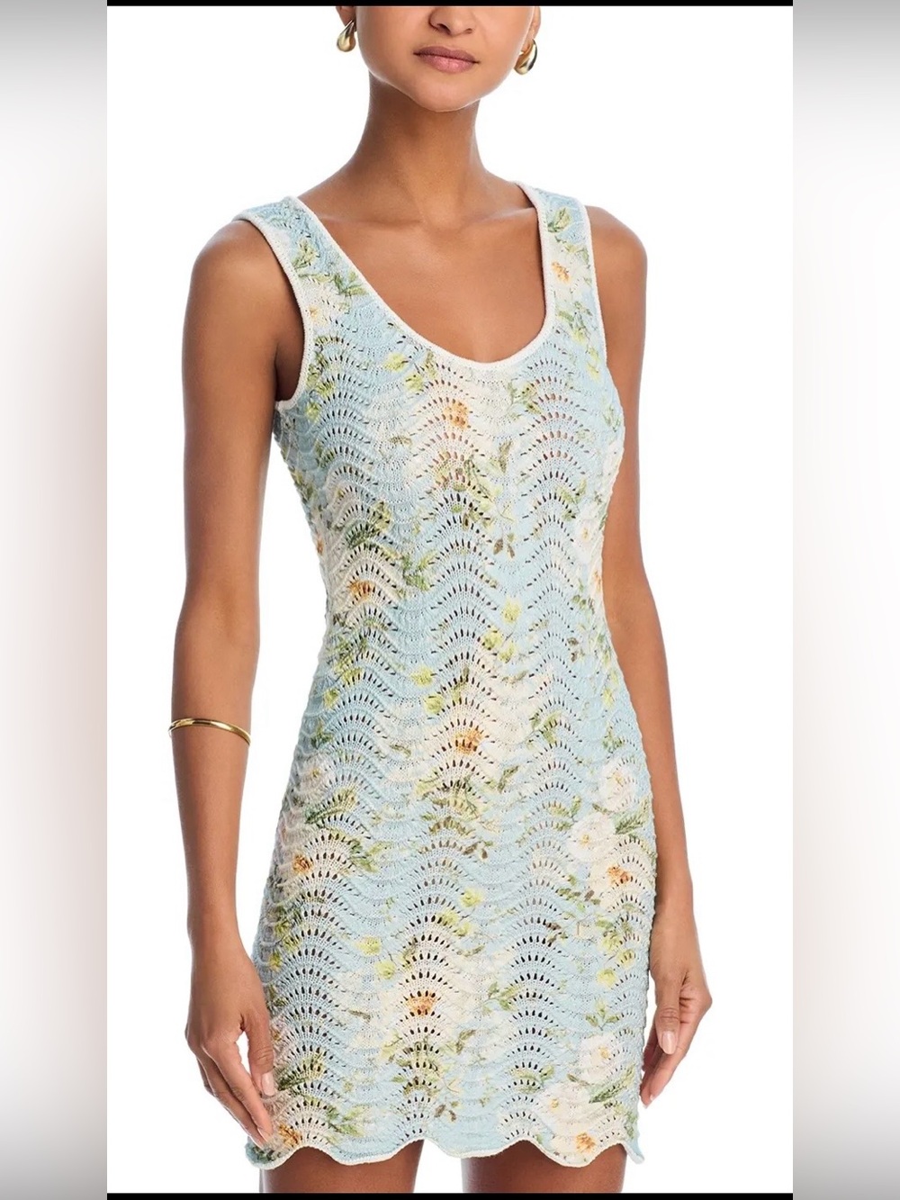 Aqua Light Blue Crochet Mini Dress with Floral Accents knit medium